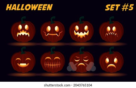 conjunto de 2d emociones de la cara de calabaza tallada en Halloween, ilustración vectorial, set 5