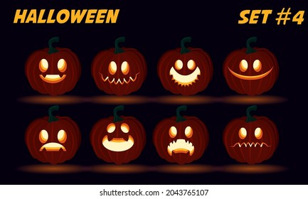 set of 2d Halloween carved pumpkin face emotions, vector illustration, set 4