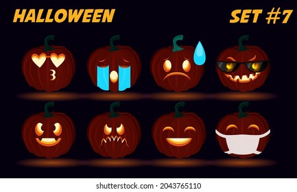 set of 2d Halloween carved pumpkin face emotions, vector illustration, set 7