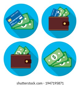 Set of 2D icons in a circle. Money, dollars, wallet, credit card. Cash and non-cash payments-02.