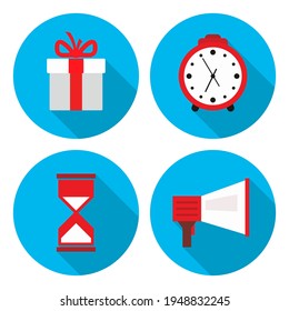 Set of 2D icons in a circle, promotion, report, discount, box, gift, bonus, shop, purchase, watch, time, hourglass-02