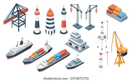 Conjunto de ilustración isométrica 2d de la industria de transporte marítimo o Ilustración vectorial de tema de almacén de puerto comercial aislado sobre fondo blanco