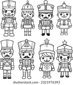Set of 2d outline line art nutcracker ,Christmas toy, simple drawing
