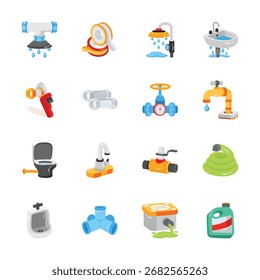 A set of 2d style icons depicting various plumbing and sanitaryware items.