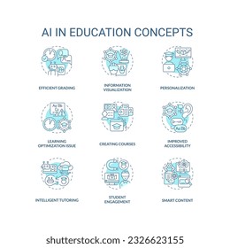 Set of 2D thin line blue icons representing AI in education concepts, pack of isolated customizable vector illustrations.