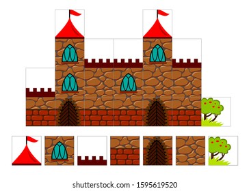 Set of 2d tileset for creating video game with medieval castle. Printable template for kids hardworking. Tiles with parts of stone building. Flat vector cartoon image for puzzle background.