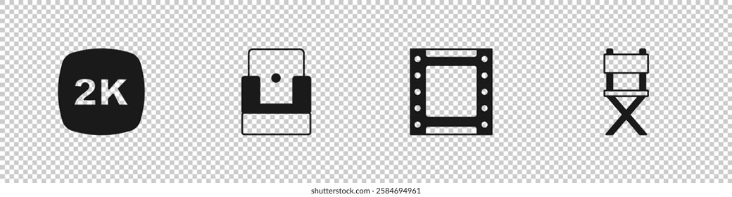 Set 2k Ultra HD, Cinema chair, Play video and Director movie icon. Vector