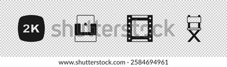 Set 2k Ultra HD, Cinema chair, Play video and Director movie icon. Vector