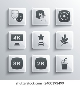 Set 2k Ultra HD, Paper glass with water, Movie trophy, 8k, Screen tv 4k, Comedy and tragedy masks and Stereo speaker icon. Vector