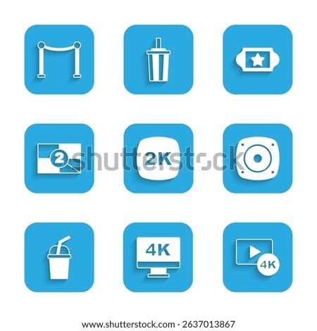 Set 2k Ultra HD, Screen tv with 4k, Stereo speaker, Paper glass water, Old film movie countdown frame, Cinema ticket and Rope barrier icon. Vector