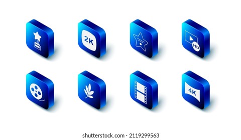 Set 2k Ultra HD, Walk of fame star, Hd movie, tape, frame, Screen tv with 4k, Play video, Movie trophy, Film reel and  icon. Vector