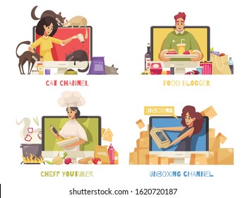 Set Of 2x2 Cartoon Compositions With Video Bloggers Telling About Cats Food Cooking And Unboxing Packages Isolated Vector Illustration