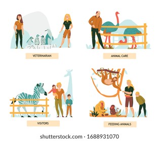 Set of 2x2 flat compositions with zoo visitors and people looking after animals isolated vector illustration