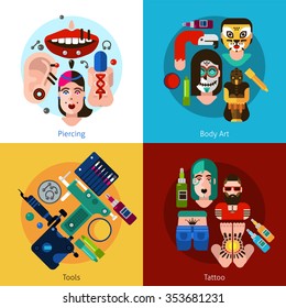 Set of 2x2 images with piercing body art tools and tattoo elements flat vector illustration