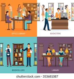 Set of 2x2 images presenting scenes of library services like library bookstore and booksellers flat vector illustration
