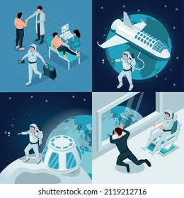 Conjunto de composiciones isométricas del turismo espacial 2x2 con vistas a las estaciones del espacio ultraterrestre y ilustración vectorial de los exámenes de salud