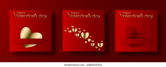 Set 3 in 1 red paper banner with red and gold hearts. Valentines day greeting card template, sticker, banner, template, mockup. Paper cut style. Valentine, invitations, congratulations, advertising