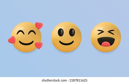 Conjunto de 3 emojis 3d para medios sociales, aplicaciones y diseño web. Cara sonriente, con corazones, emojis risas. Ilustración del vector