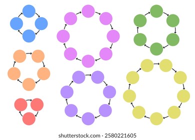 Set of 3, 4, 5, 6, 7, 8, 9 circles. Template for text in form of circles connected to each other by arrows in circular pattern. Vector simple illustration of cycle diagram infographic.