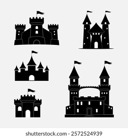 Set of 3 5 black towers. Heraldic element, castle. Elements for creating a family coat of arms, for example