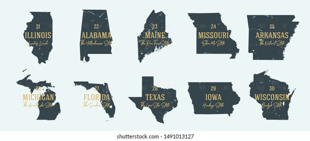 Set 3 of 5 Highly detailed vector silhouettes of USA state maps with names and territory nicknames