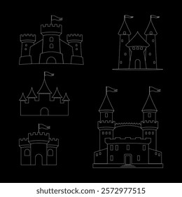Set of 3 5 towers. The castle towers are drawn with a white outline. Elements to create a family crest, such as heraldry. Elements for creating a coloring page. Contour.