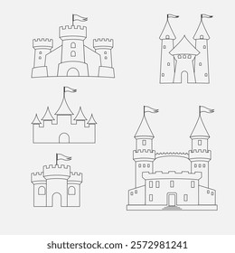 Set of 3 5 towers. The towers of the castle are drawn with a black outline. Elements for creating a family coat of arms, such as heraldry. Elements for creating a coloring page. Contour.