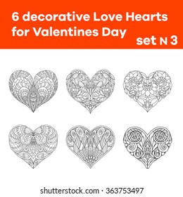 Set 3 of 6 hand drawn  decorative Love Heart. Designer elements. Good for wedding or Valentines Day. Vector illustration. Outline. Black and white.