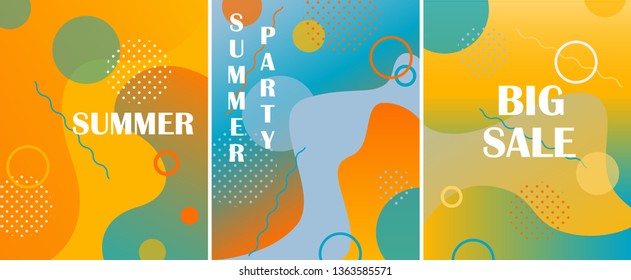 Set of 3 abstract backgrunds. Dynamic textured background design in 3D style. Fluid gradients. Summer poster for design.