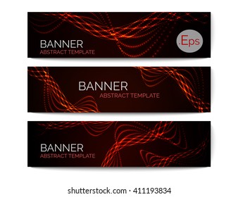 Set of 3 abstract banners. Dark template with abstract shiny wave. Vector banner.