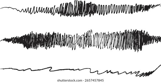 Conjunto de 3 linhas de ondas sonoras de esboço preto abstrato, desenhadas à mão com traços texturizados caóticos. Estilo de onda de ruído artístico para design de áudio. Ilustrações isoladas de rabisco grunge.
