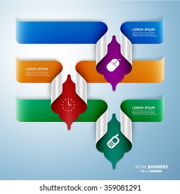 Set of 3 abstract colorful 3d banners with Islamic floral folded elements, easy to recolor