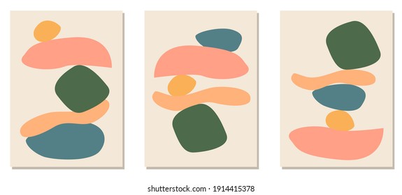 Set of 3 Abstract creative minimalist contemporary aesthetic background with geometric balance organic shapes. A trendy set of mid century modern minimalist print. Vector Illustrations for home decor.