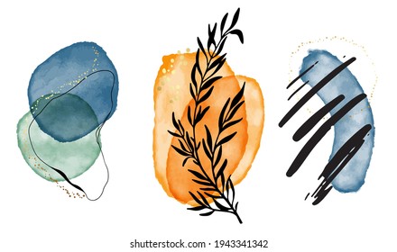 Set of 3 abstract creative minimalist hand painted illustrations with leaves, watercolor blobs for wall decoration, modern postcard , business  brochure design. Vector EPS10.