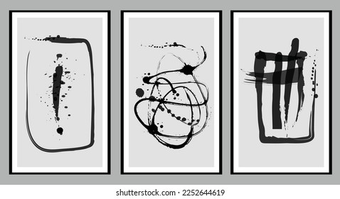 Set of 3 abstract creative minimalist hand painted illustrations for wall decoration, postcard or brochure design. Vector EPS10. Black, dark, ink white beige illustration elements.