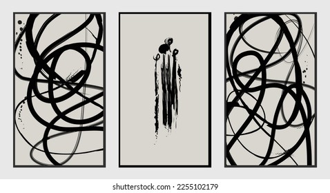 Set von 3 abstrakten, kreativen minimalistischen handgemalten Illustrationen für die Wanddekoration, Postkarte oder Broschürendesign. Vektor EPS10. Schwarze, dunkle, farbige, beige Illustrationen.
