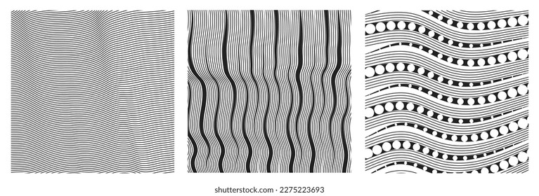 Set of 3 abstract curve lines black and white with zentangle pattern on white background in square frame. Vector illustration. 