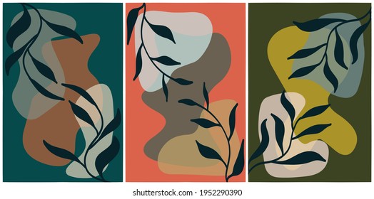 Set of 3 abstract Earth-toned backgrounds with curved forms and leaf silhouette motifs