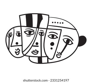 Set of 3 abstract face wall art. Captivating, surreal decor. Vintage-inspired female portraits for an elegant touch. vector illustrasi