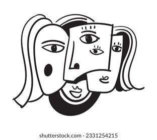 Set of 3 abstract face wall art. Captivating, surreal decor. Vintage-inspired female portraits for an elegant touch. vector illustrasi