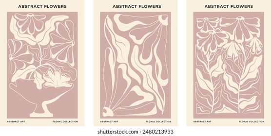 Set of 3 abstract floral posters.Floral botanical vector illustration in beige color. Modern poster and background in trendy naive retro hippie 60's 70's retro style. 