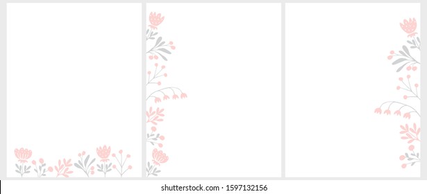 Set of 3 Abstract Floral Vector Illustration. Light Pink Flowers and Gray Twigs Isolated on a White Background. Simple Infantile Style Floral Cards. Cute Hand Drawn Floral Illustration With No Text.