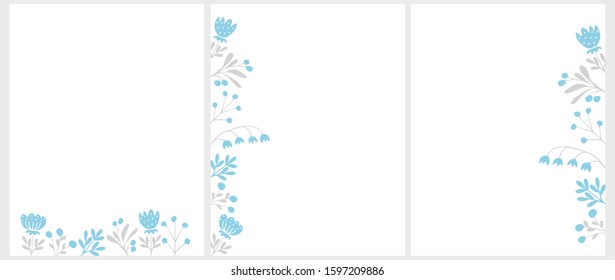 Set of 3 Abstract Floral Vector Illustration. Light Blue Flowers and Gray Twigs Isolated on a White Background. Simple Infantile Style Floral Cards. Cute Hand Drawn Floral Illustration With No Text.