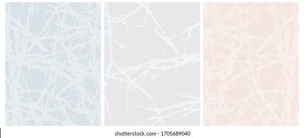 Set of 3 Abstract Geometric Layouts. Irregular Hand Drawn Scribbles on Blue, Beige and Light Gray Backgrounds. Funny Simple Creative Design. Infantile Style Stripes and Mesh Graphic.