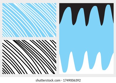 Set of 3 Abstract Geometric Layouts. Irregular Hand Drawn Scribbles on a Blue,and Black Backgrounds. Funny Simple Creative Design. Infantile Style Stripes Graphic.