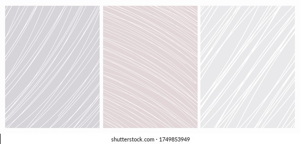 Set of 3 Abstract Geometric Layouts. Irregular Hand Drawn Scribbles on a Gray and Light Dusty Pink Backgrounds. Funny Simple Creative Design. Infantile Style Stripes and Mesh Graphic.