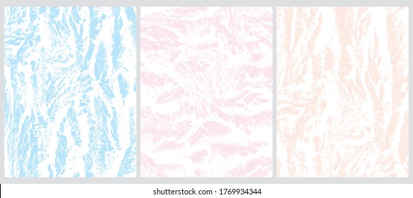 Set of 3 Abstract Geometric Layouts. Irregular White Grunge Texture on a Light Pink, Pastel Blue and Light Cream Backgrounds. Funny Simple Creative Design. White Stains Vector Print.