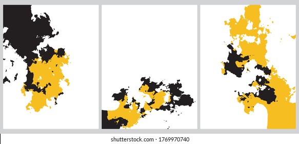 Set of 3 Abstract Geometric Layouts. Irregular Black and Yellow Grunge Texture on a White Background. Funny Simple Creative Design. Black And Yellow Stains Vector Print.