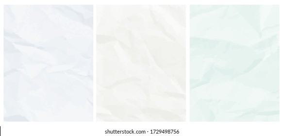 Set of 3 Abstract Geometric Vector Layouts. Pastel Color Crumpled Paper Layers. Pale Blue, Mint Green and Light Gray Backgrounds. Simple Creative Creased Paper Design. No Text. Irregular Folded Paper.