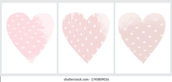 Set of 3 Abstract Geometric Vector Valentine's Day Catd. Pink Grunge Dotted Hearts Isolated on a White Background. Simple Creative Love Symbol Design. No Text.